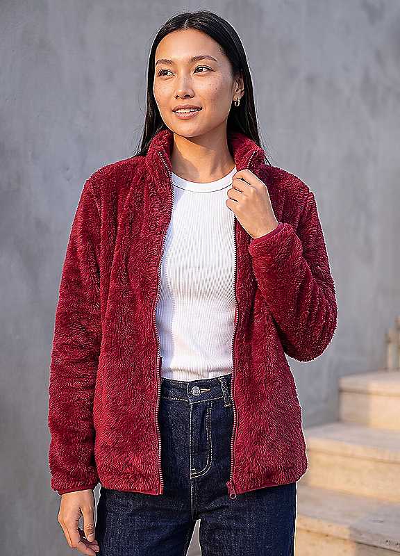Roman Women's Burgundy Sherpa Fleece Jacket Medium - Image 4