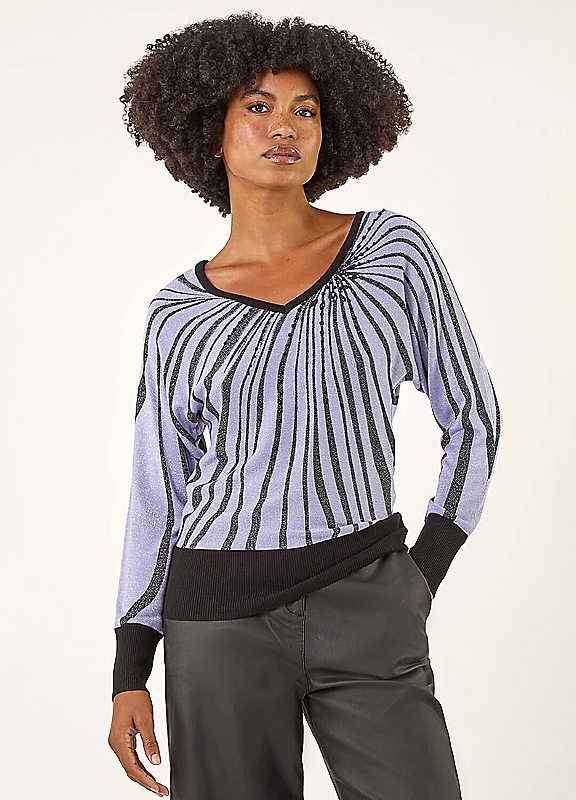 Roman Women's Purple Shimmer Abstract Stripe Knit Jumper In | : Size 10 - Image 3