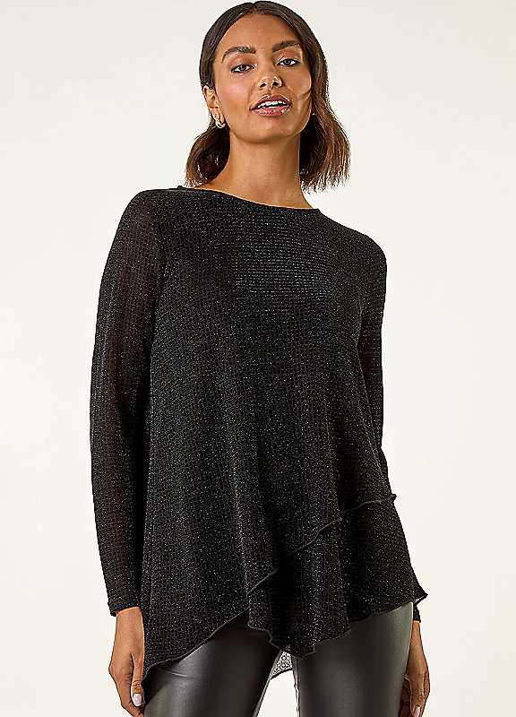 Roman Women's Black Shimmer Asymmetric Layered Top In | : Size 10 - Image 4