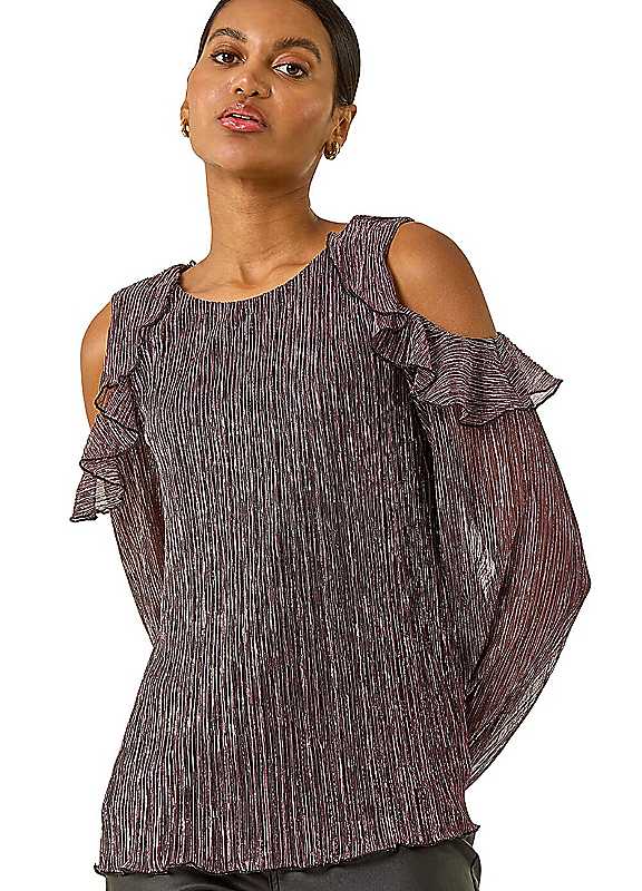 Roman Pink Shimmer Cold Shoulder Plisse Top