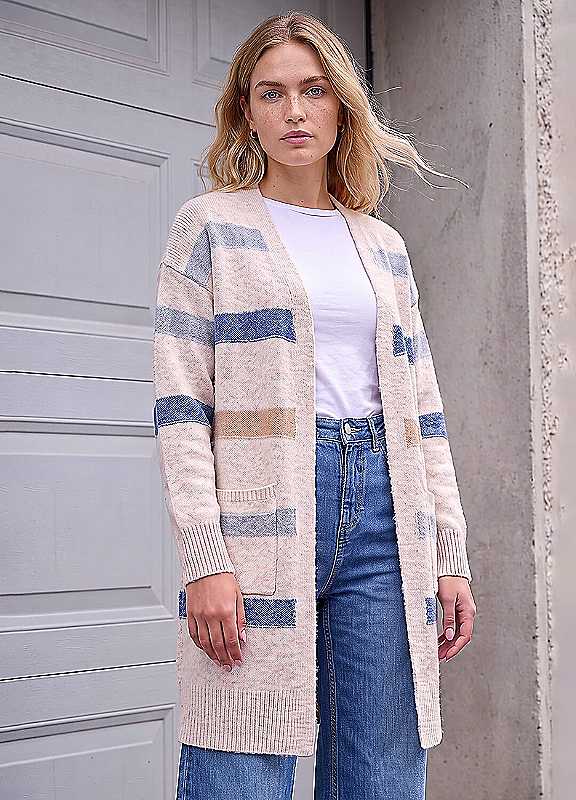 Roman Women's Stone Soft Knit Stripe Cardigan Sweater In | : Size 10 - Image 3