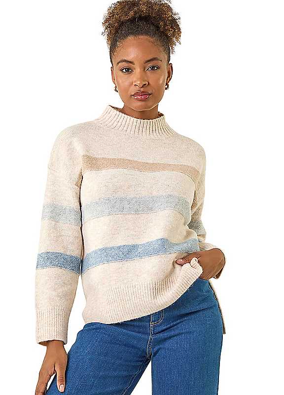 Roman Women's Stone Soft Stripe Knit Jumper In | Size: 14 - Image 5