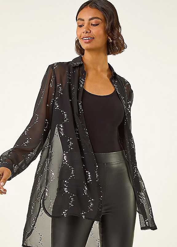 Roman Spot Foil Print Longline Shirt - Black - Image 3
