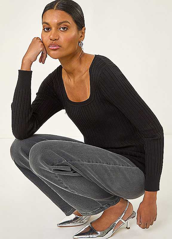 Roman Women's Square Neck Ribbed Knit Jumper in Black | Size: 12 - Image 3