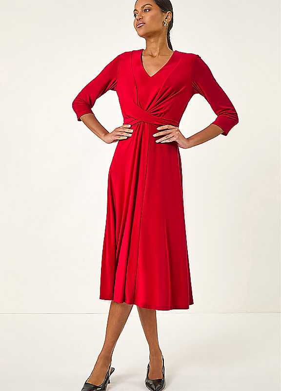 Roman Women's Stretch Crossover Midi Dress in Red | Size: 10 - Image 2