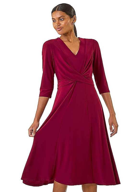 Roman Women's Wine Stretch Crossover Midi Dress In Size 16 - Image 3