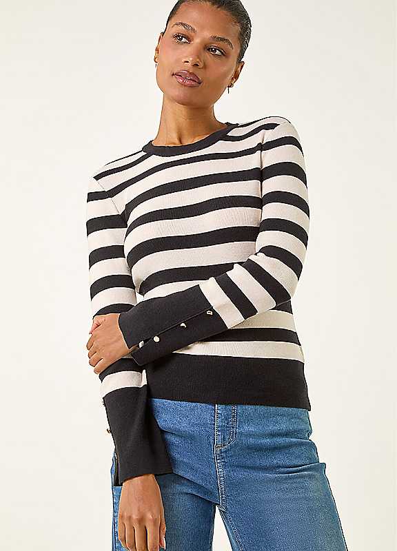 Roman Women's Stripe Button Detail Knit Jumper in Ivory | Size: 20 - Image 3