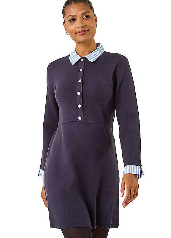 Roman Navy Stripe Collar Buttoned Knit Dress