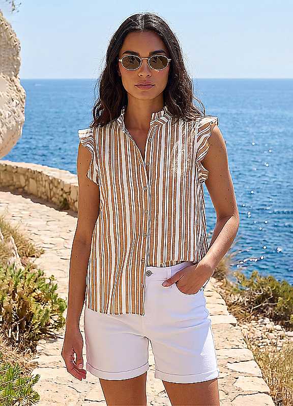 Roman Women's Stripe Frill Sleeve Blouse in Stone | Size: 10 - Image 5