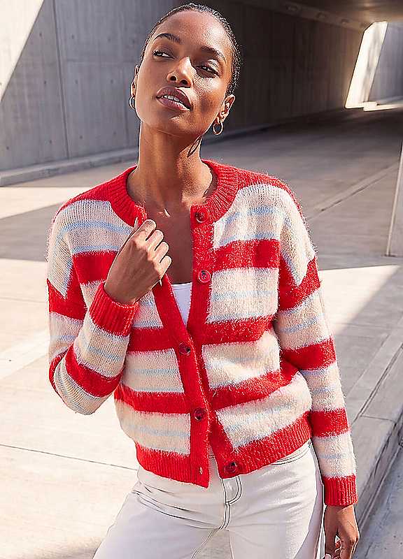 Roman Women's Red Stripe Knit Cardigan Sweater In | : Size 16 - Image 4