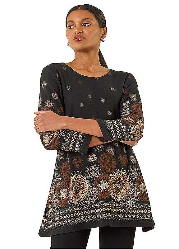 Roman Women's Black Sunflower Printed Tunic Top In Size 12 - Image 5