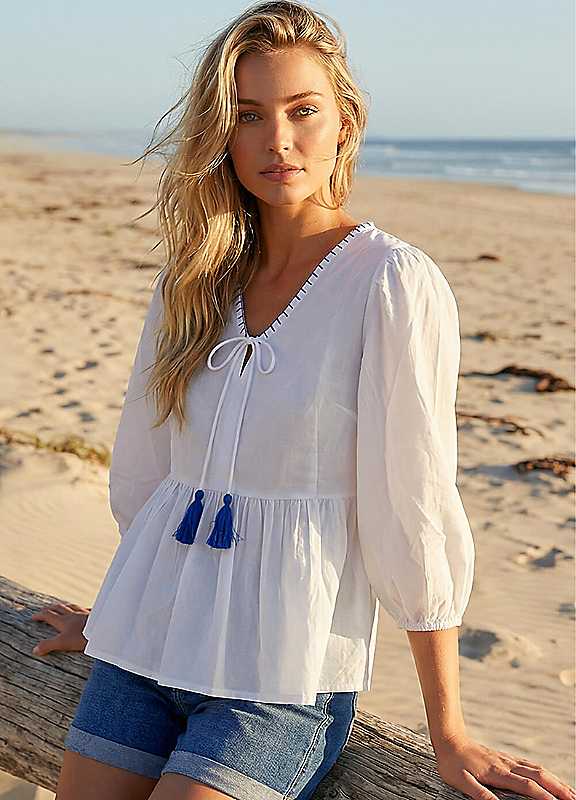 Dusk Women's Tassel Tie Front Blouse in Ivory | Size: 16 - Image 3