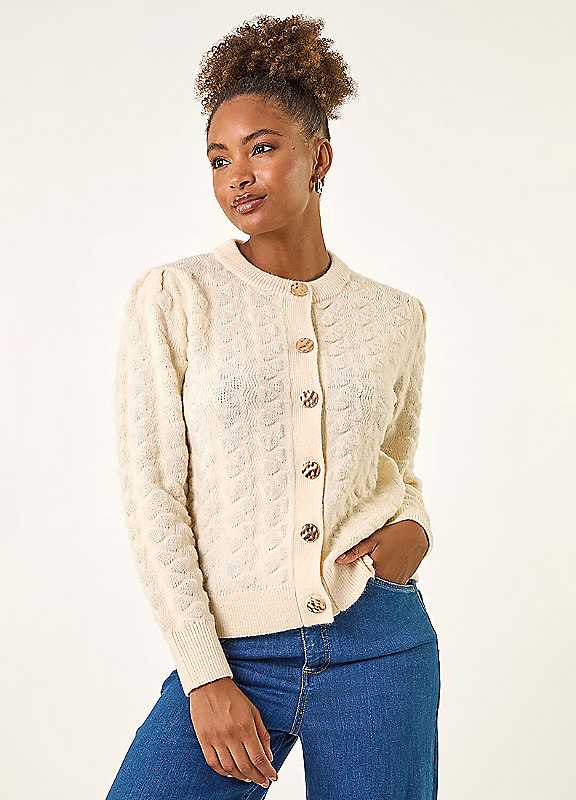 Roman Women's Ivory Textured Buttoned Knit Cardigan Size 16 - Image 6
