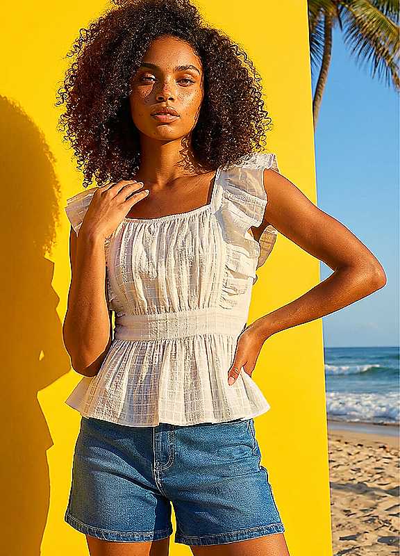 Dusk Women's Ivory Textured Cotton Frill Top In | Size: 10 - Image 6