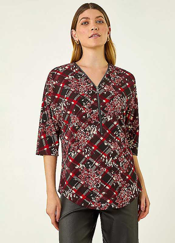 Roman Women's Red Textu Floral Print Stretch Top - Image 3