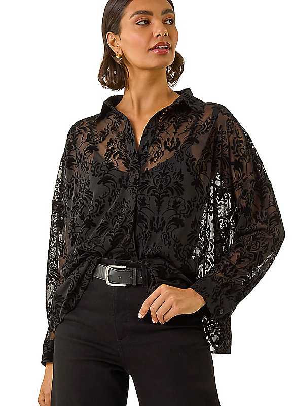 Roman Women's Black Textured Floral V-Neck Top Size 18 - Image 2