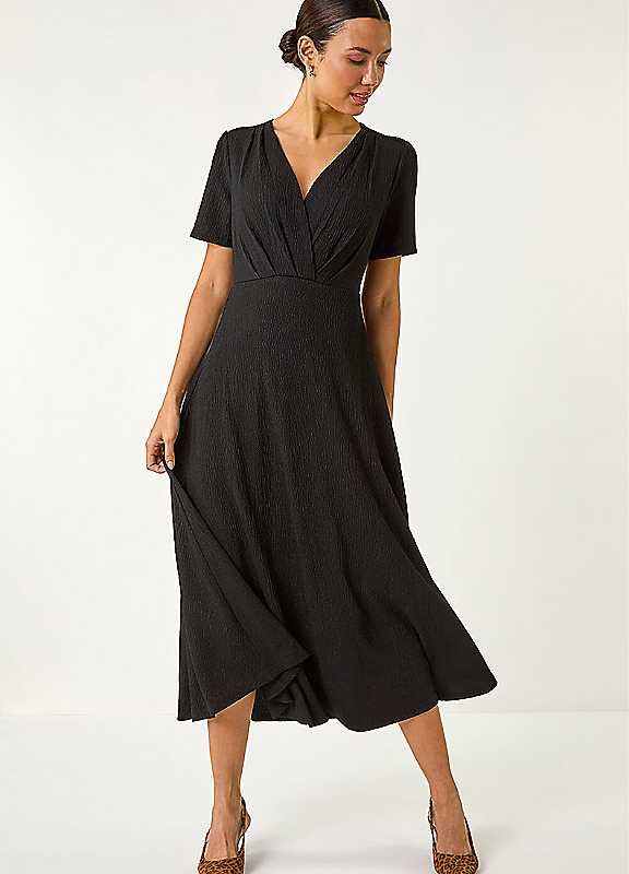 Roman Originals Women's Black Roman Textured Wrap Bodice Midi Dress Size 16 - Image 5