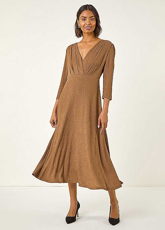 Roman Women's Taupe Textured Wrap Midi Dress In | : Size 20 - Image 4