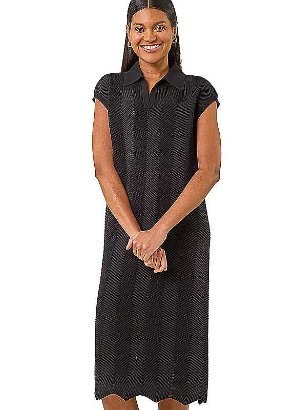 Roman Women's Black Textured Zig Zag Knit Midi Dress In | Size: 12 - Image 6