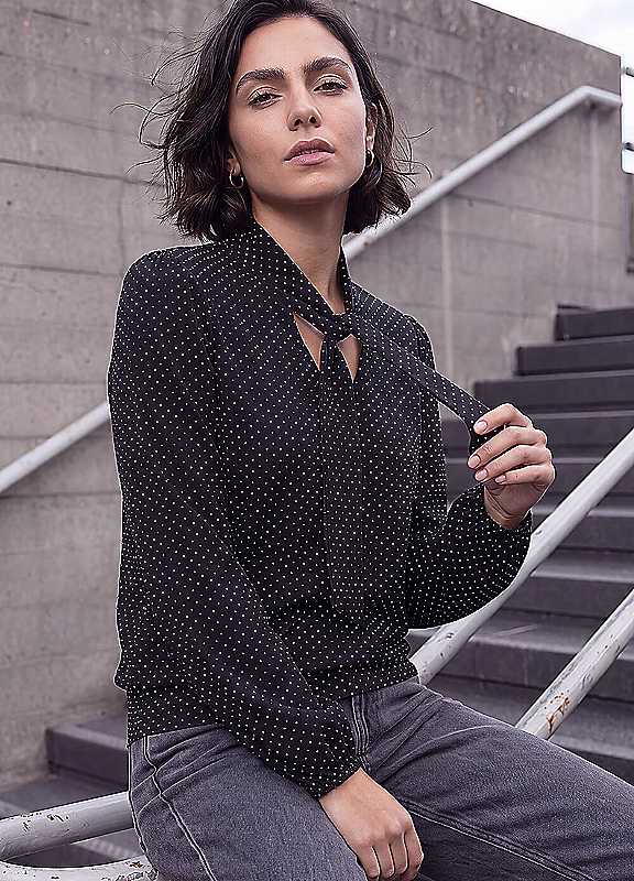 Roman Women's Black Tie Neck Polka Dot Top In | : Size 12 - Image 7
