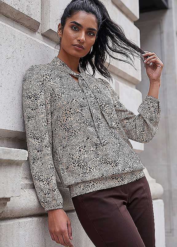 Roman Womens Tie Neck Animal Print Blouse, Cream, Size 18, Women - Image 3