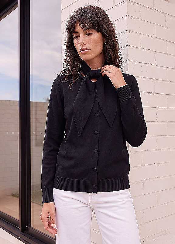Roman Women's Black Tie Neck Soft Knit Cardigan Size 12 - Image 3