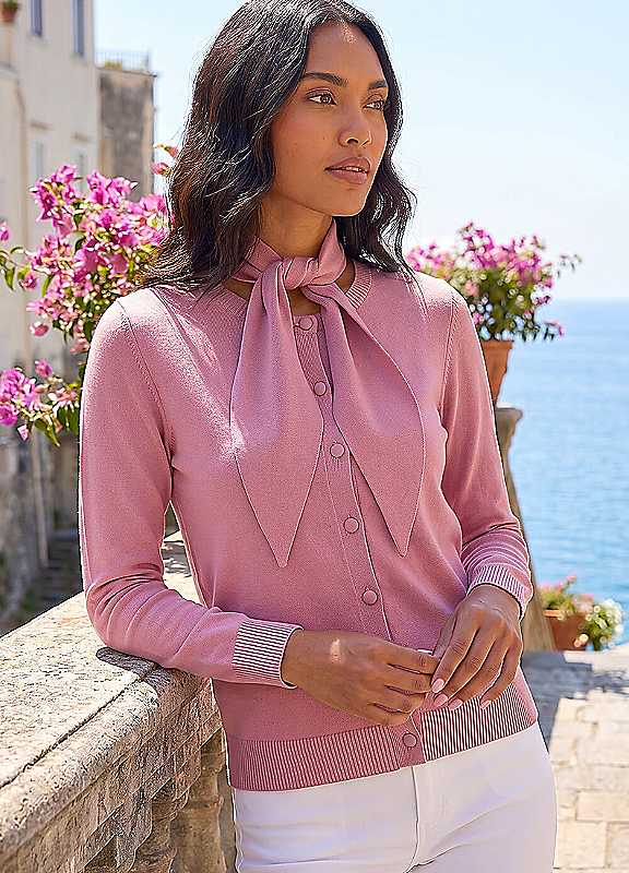Roman Women's Pink Tie Neck Soft Knit Cardigan In Size 12 - Image 3