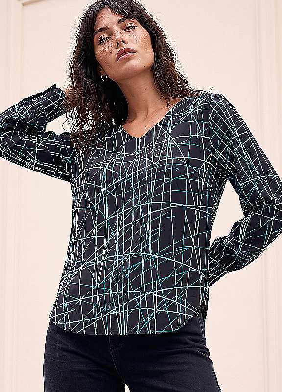 Roman Women's Black V-Neck Abstract Puff Print Top In | Size: 12 - Image 2