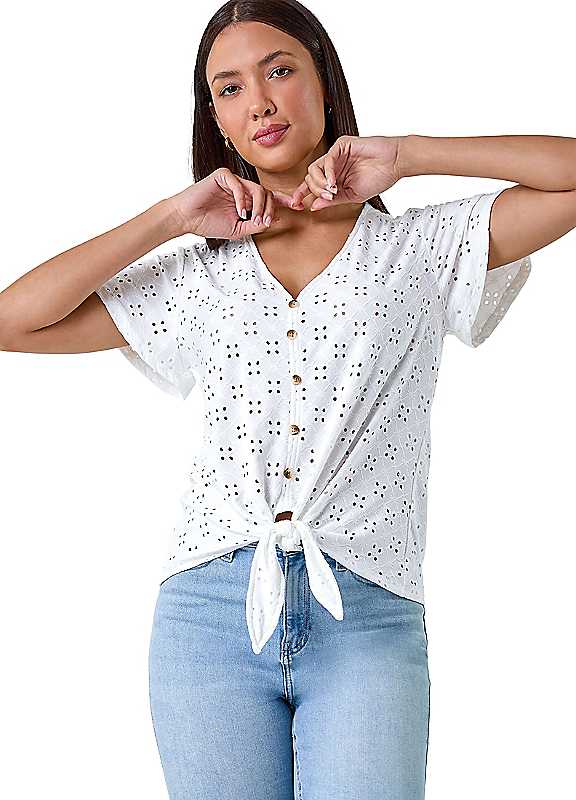 Roman Women's Ivory V-Neck Broderie Stretch Jersey Tie Front Top In Size 18 - Image 7