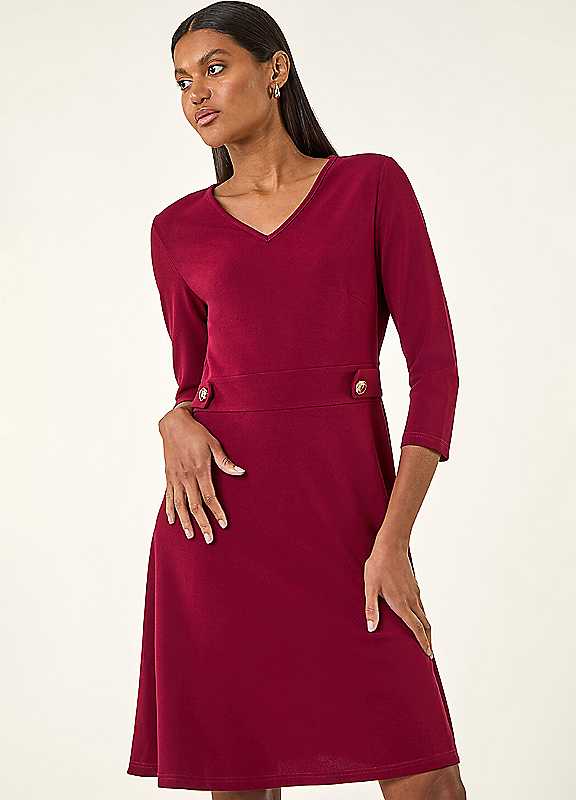 Roman Women's Wine V-Neck Buttoned Stretch Dress In Size 18 - Image 6