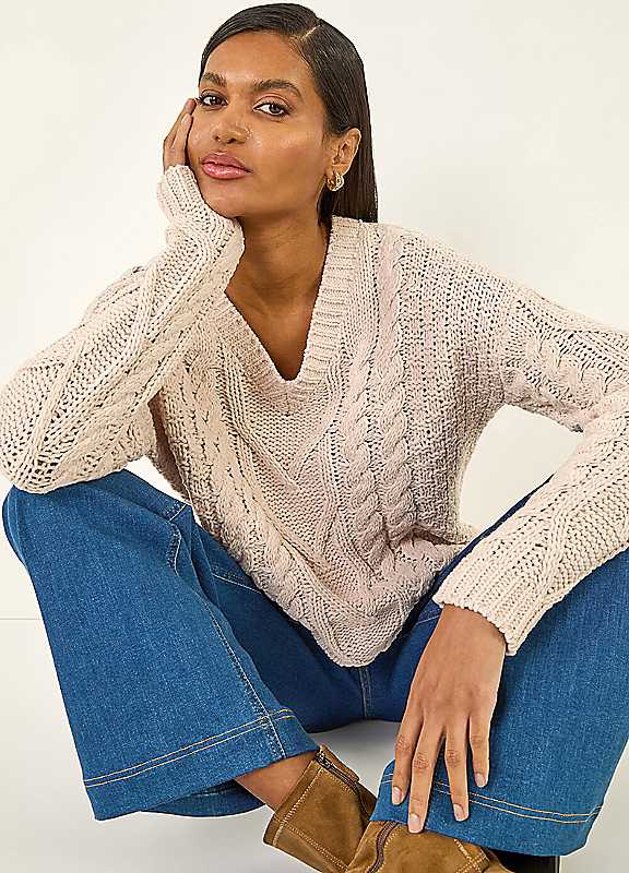 Roman Women's Stone V-Neck Cable Knit Jumper In Size 12 - Image 7