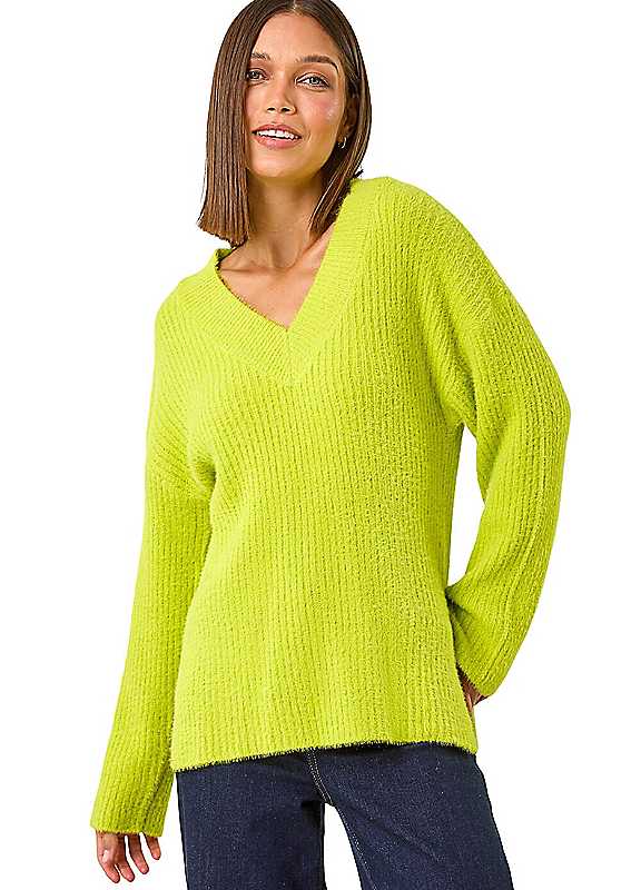 Roman Originals Women's Lime Plain V-Neck Fluffy Knit Jumper For Uk - Everyday Autumn Winter V-Neckline Comfy Soft Evening Vacation Work Party Night Out - Image 4