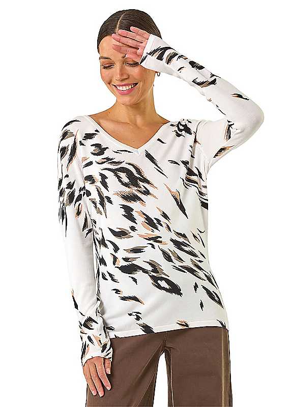 Roman Women's Beige V Neck Print Jumper In | Size: 16 - Image 7