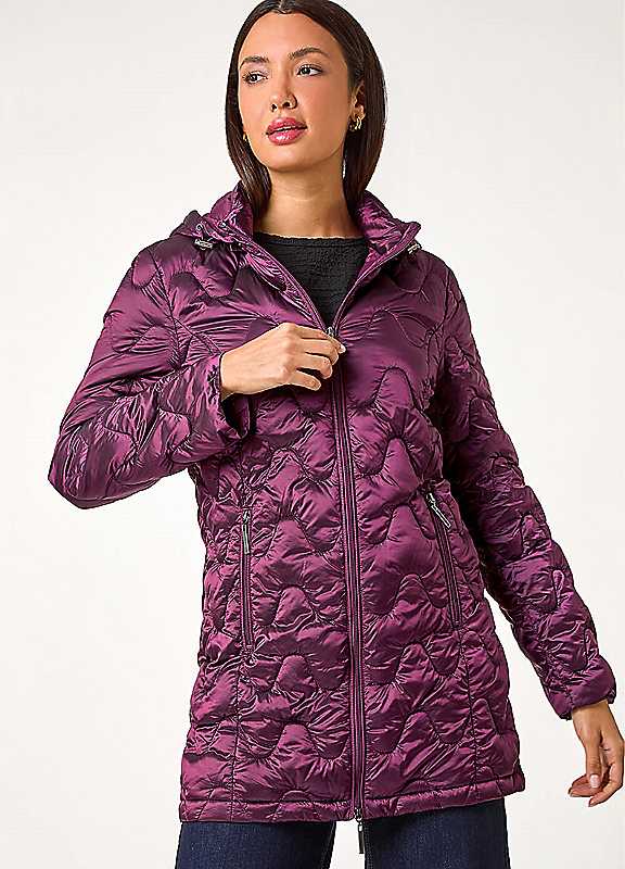 Roman Women's Magenta Wave Quilted Puffer Hooded Coat In | Size: 10 - Image 5