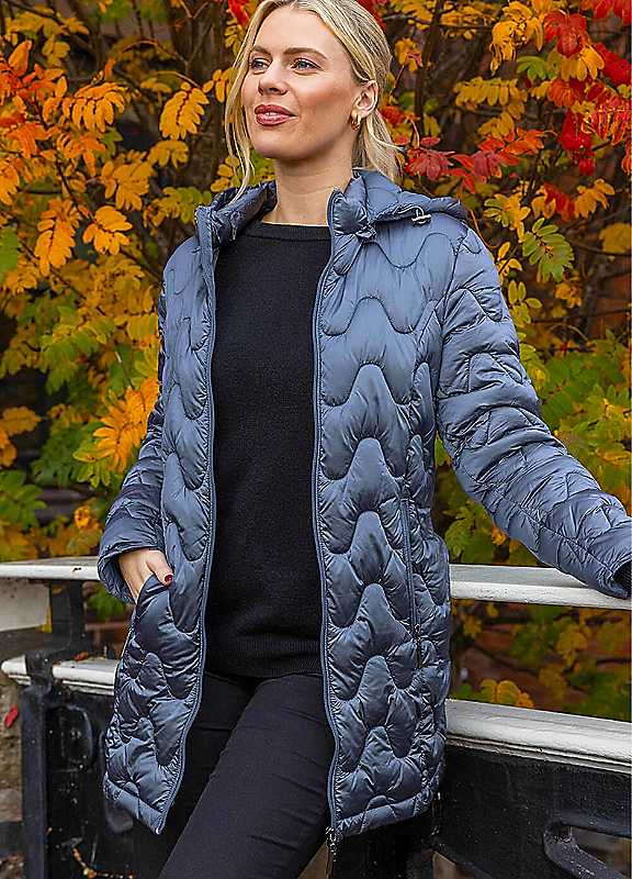 Roman Women's Wave Quilted Puffer Hooded Coat in Pale Blue | Size: 10 - Image 5