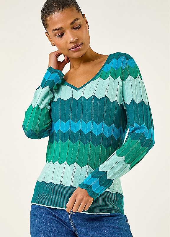 Roman Wave V-neck Knit Jumper, Blue, Size 14, Women - Image 4