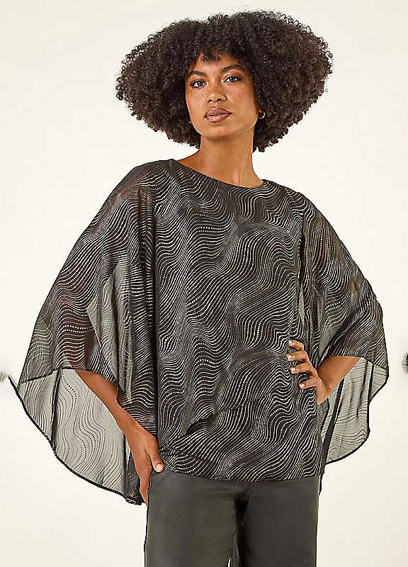 Roman Women's Black Wavy Spot Foil Overlay Top In | Size: 20 - Image 3
