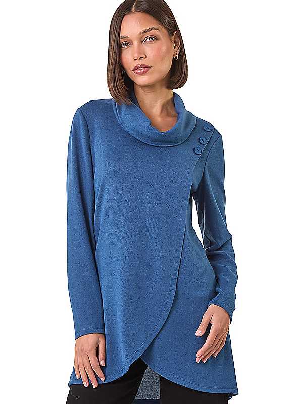 Roman Blue Wrap Front Cowl Neck Top