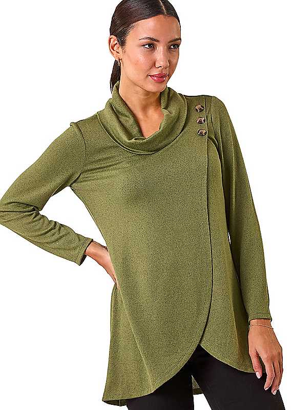 Roman Khaki Wrap Front Cowl Neck Top