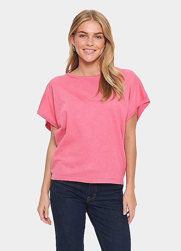Saint Tropez Women's Bright Pink Mila Short Sleeve Round Neck Pullover In | Size: Large - Image 4