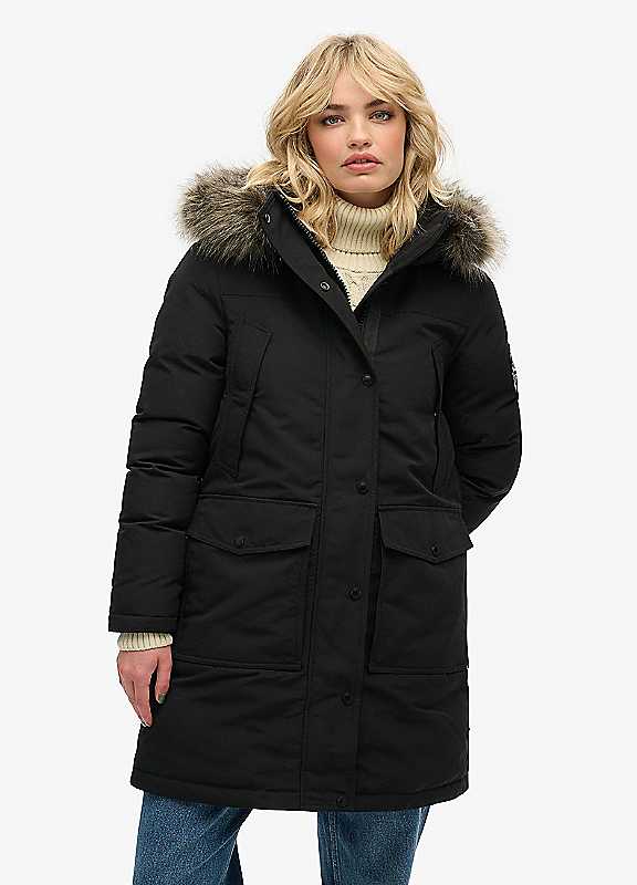 Superdry Black Everest Faux Fur Parka Jacket Size 14