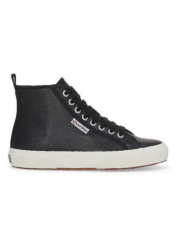 Superga Black/White 2750 Mid Tumble Leather Trainers Size 3.5