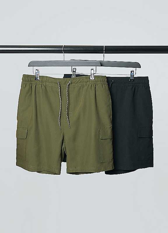 Threadbare Black 2 Pack Mid Length Cargo Swim Shorts Xxl