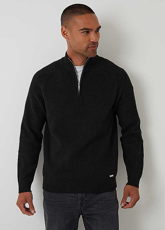 Threadbare Black Cotton Blend Rib Panel Quarter Zip Knitted Jumper