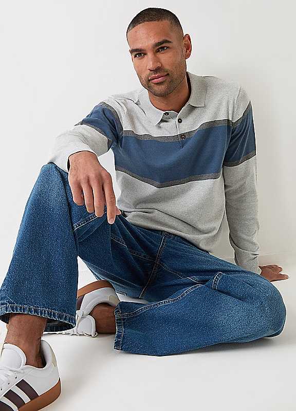 Threadbare Men's Grey Boxy Fit Cotton Rich Rugby Polo In & Blue Stripe - Image 2