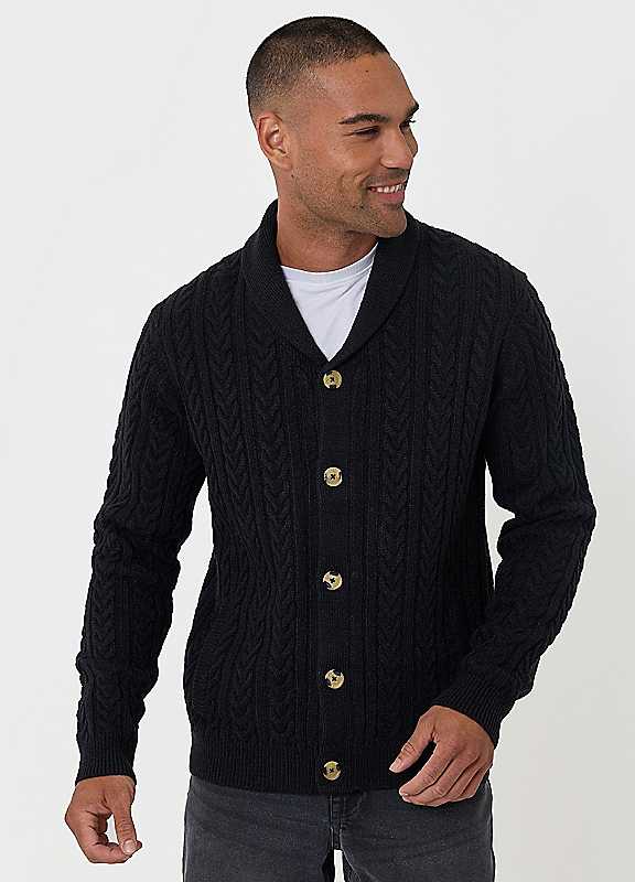 Threadbare Men's Black Cable Knit Shawl Cardigan In | : Medium - Image 2