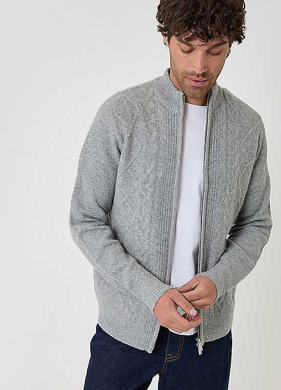 Threadbare Men's Grey Cable Knit Zip Through Jumper In Marl - Image 2