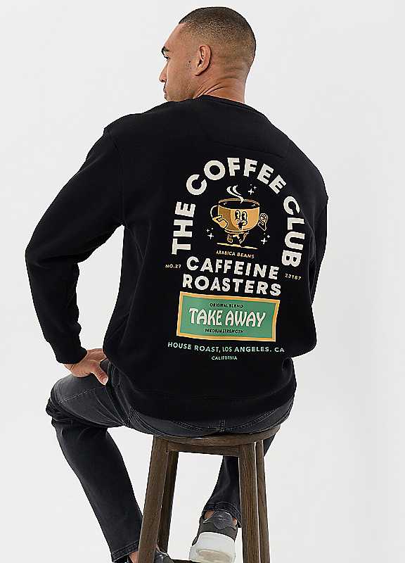 Threadbare Men's Black Relaxed Fit Coffee Club Graphic Print Sweatshirt In | Size: Large - Image 2