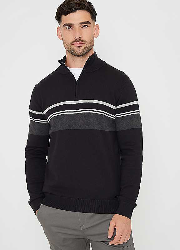 Threadbare Black Colourblock Quarter Zip Knitted Jumper Large