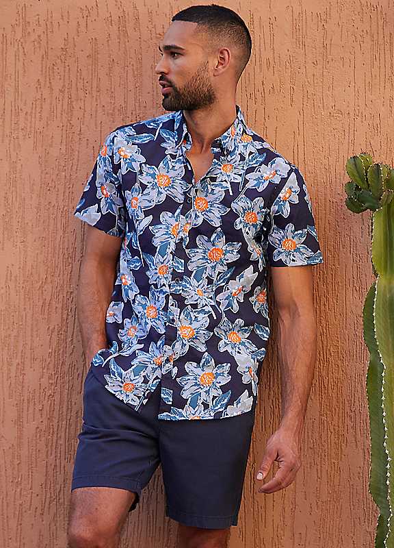 Threadbare Navy Cotton Floral Print Short Sleeve Shirt Small